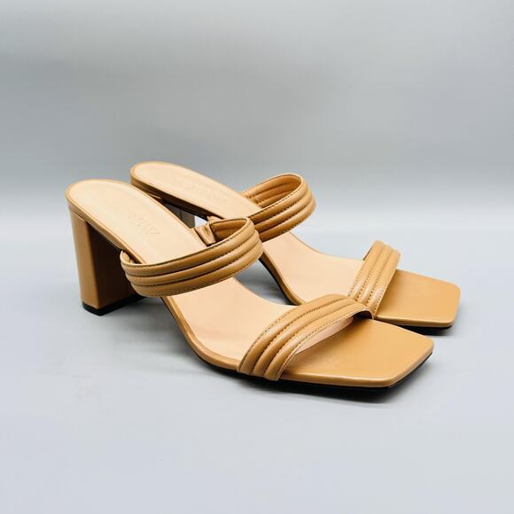 J CREW Sandals Womens 12 Beige Leather Mule Block Heel Square Toe Comfort Summer - Picture 2 of 12